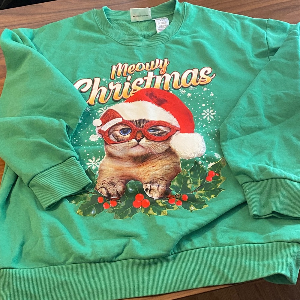 Green Meowy Christmas Sweatshirt. Sings!